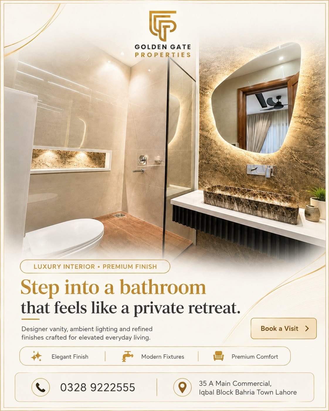 Completed luxury bathroom with premium fixtures and ambient lighting